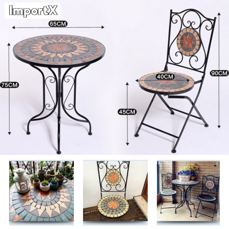 3 Pieces Garden Patio Mosaic Table, Outdoor Bistro Set with 2 Chairs