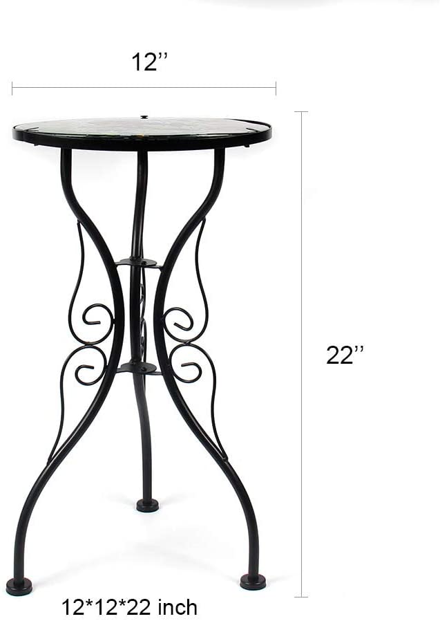 Outdoor Mosaic Side Table Butterfly End Table Small Patio Round Printed Glass Table for Yard,Lawn and Garden Decor