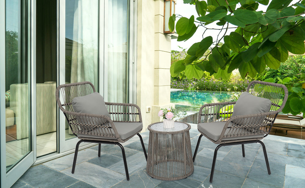 3-Piece Patio Wicker Conversation Bistro Set, Outdoor All-Weather Wicker Furniture