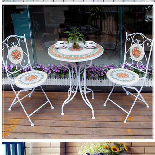 3 Pieces Garden Patio Mosaic Table, Outdoor Bistro Set with 2 Chairs