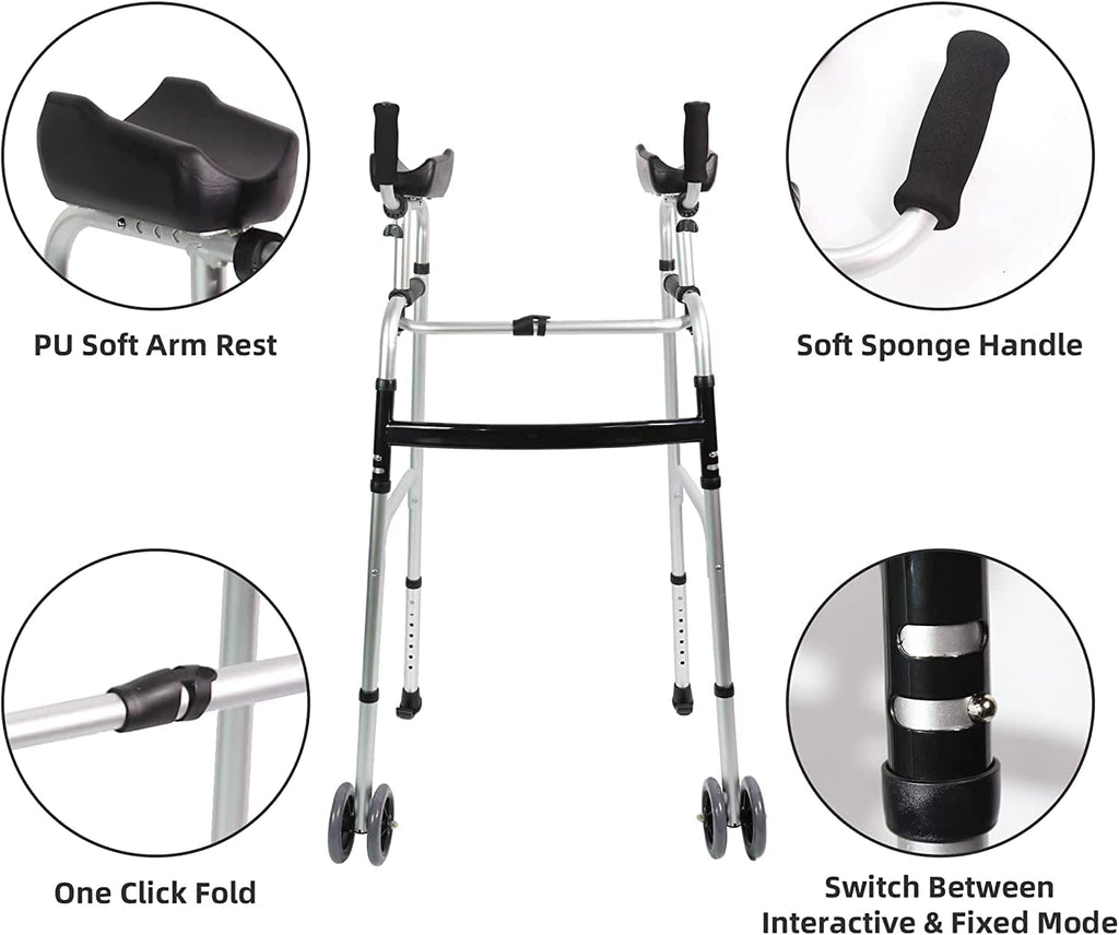 LIVINGCARING Foldable Standard Walker, Height Adjustable Aluminum Walkers for Seniors with Removable Armrest Pad, Lightweight Rehabilitation Auxiliary Rolling Walker, Walker Aid Supports UP to 235 lbs