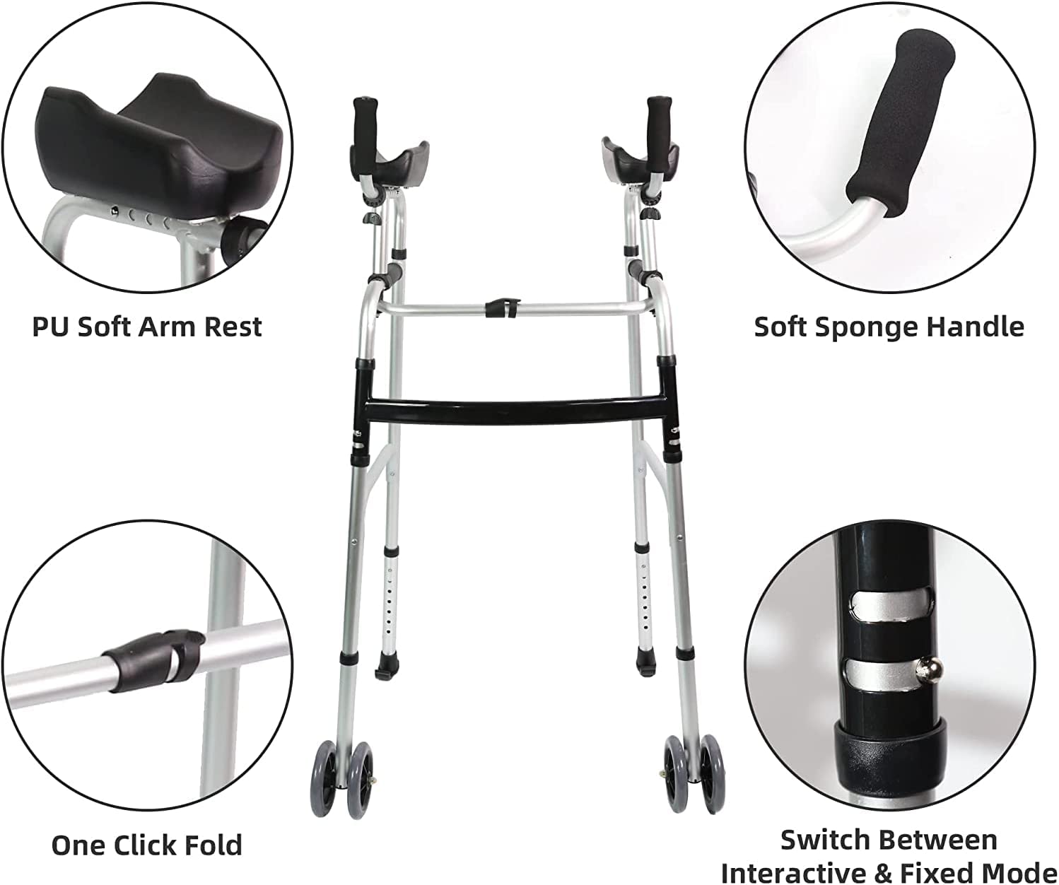 LIVINGCARING Foldable Standard Walker, Height Adjustable Aluminum Walkers for Seniors with Removable Armrest Pad, Lightweight Rehabilitation Auxiliary Rolling Walker, Walker Aid Supports UP to 235 lbs