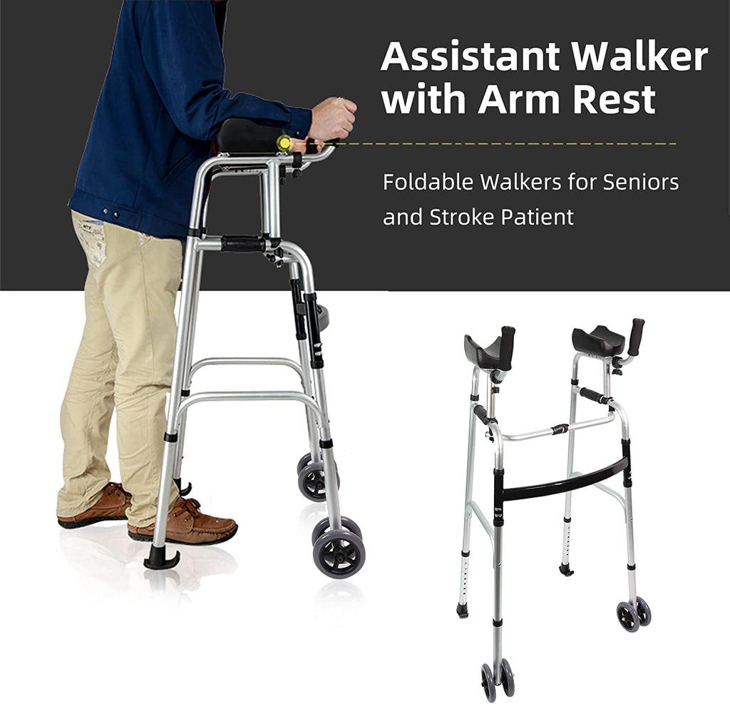 LIVINGCARING Foldable Standard Walker, Height Adjustable Aluminum Walkers for Seniors with Removable Armrest Pad, Lightweight Rehabilitation Auxiliary Rolling Walker, Walker Aid Supports UP to 235 lbs