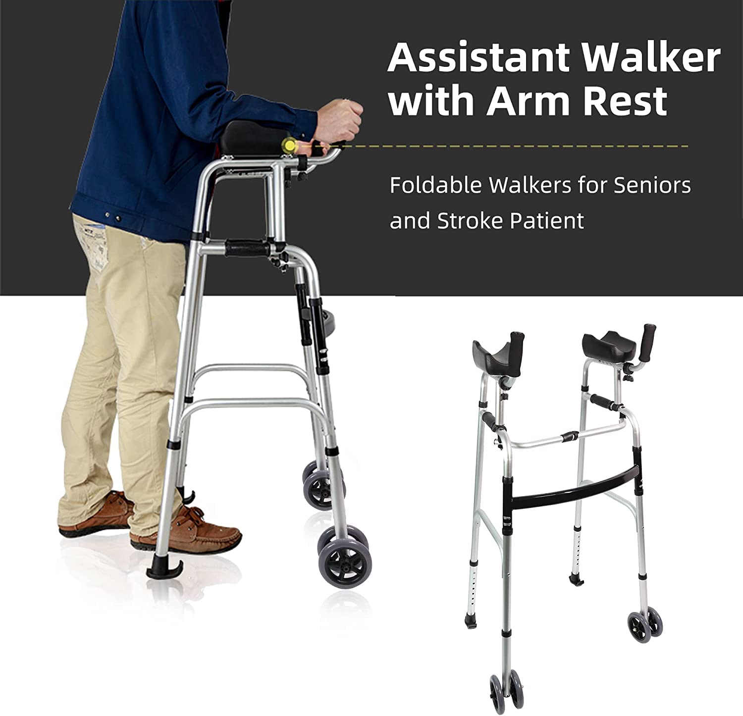 LIVINGCARING Foldable Standard Walker, Height Adjustable Aluminum Walkers for Seniors with Removable Armrest Pad, Lightweight Rehabilitation Auxiliary Rolling Walker, Walker Aid Supports UP to 235 lbs