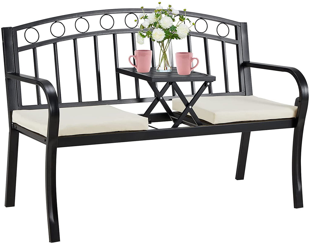 Outdoor Steel Garden Bench, Patio Bench w/Pullout Middle Table, Steel Double Seat for Park Yard Lawn Deck Entryway