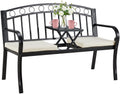 Outdoor Steel Garden Bench, Patio Bench w/Pullout Middle Table, Steel Double Seat for Park Yard Lawn Deck Entryway