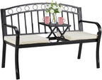 Outdoor Steel Garden Bench, Patio Bench w/Pullout Middle Table, Steel Double Seat for Park Yard Lawn Deck Entryway
