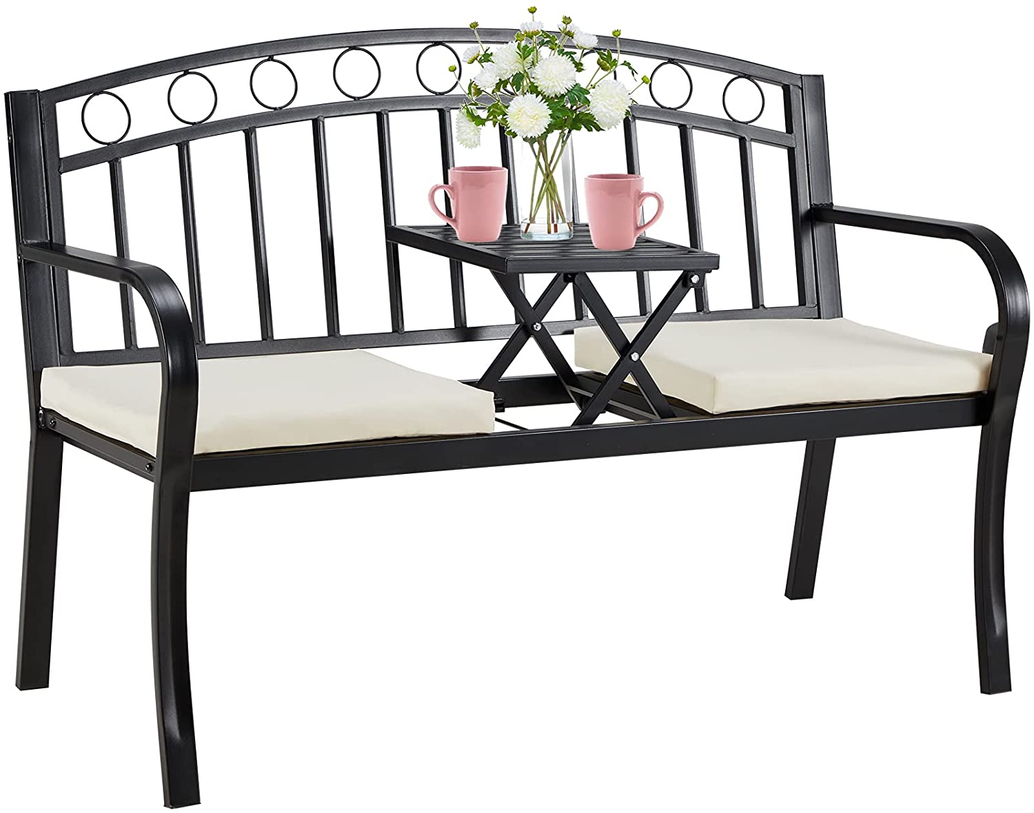 Outdoor Steel Garden Bench, Patio Bench w/Pullout Middle Table, Steel Double Seat for Park Yard Lawn Deck Entryway