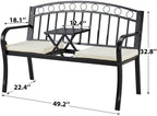 Outdoor Steel Garden Bench, Patio Bench w/Pullout Middle Table, Steel Double Seat for Park Yard Lawn Deck Entryway