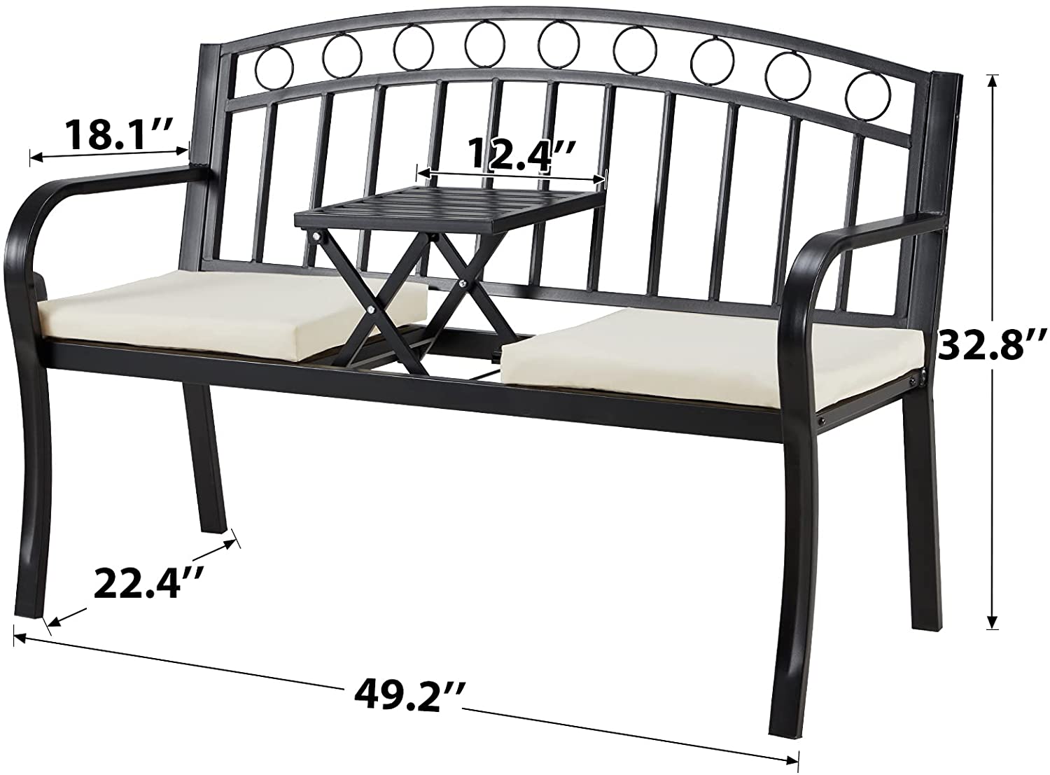 Outdoor Steel Garden Bench, Patio Bench w/Pullout Middle Table, Steel Double Seat for Park Yard Lawn Deck Entryway