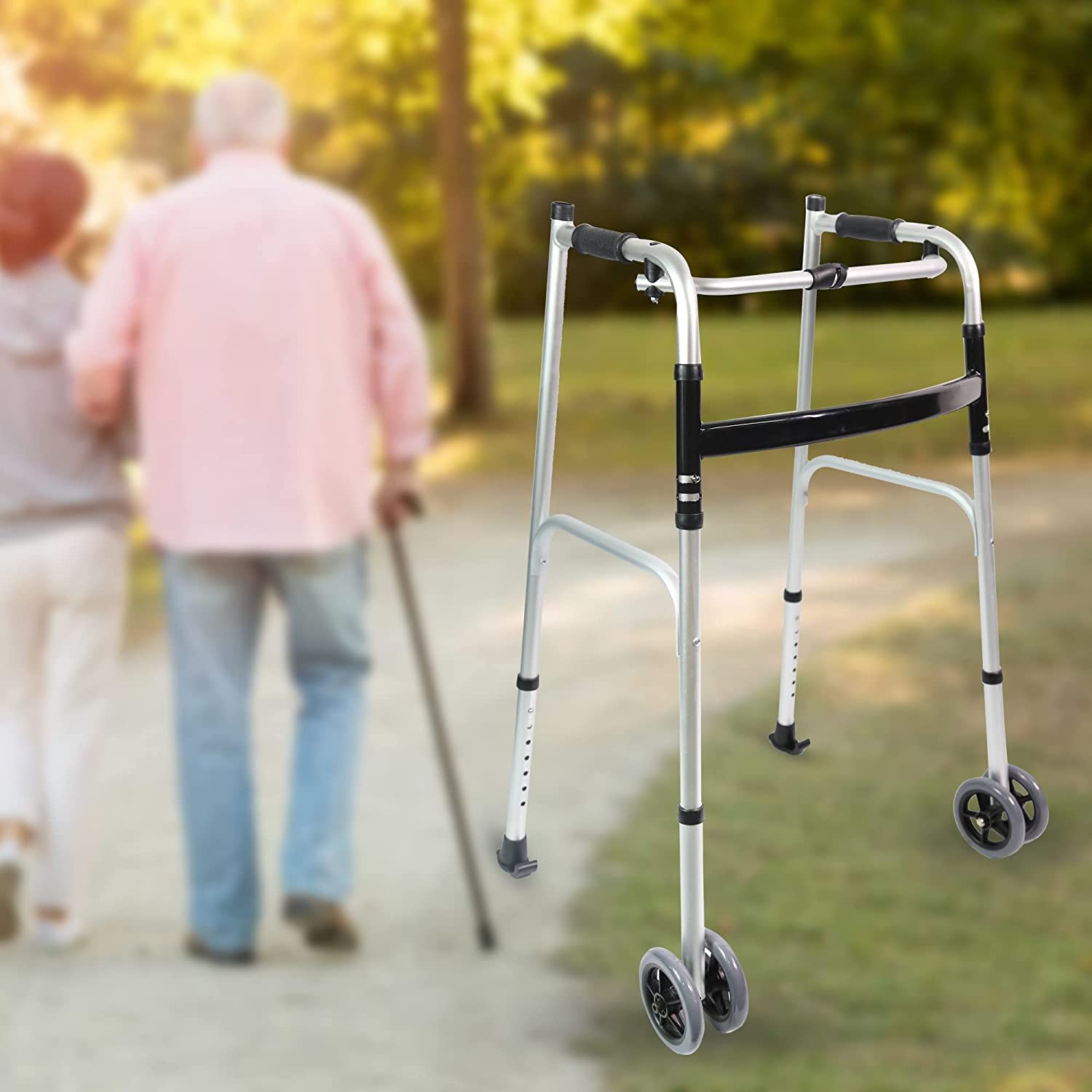 LIVINGCARING Foldable Standard Walker, Height Adjustable Aluminum Walkers for Seniors with Removable Armrest Pad, Lightweight Rehabilitation Auxiliary Rolling Walker, Walker Aid Supports UP to 235 lbs
