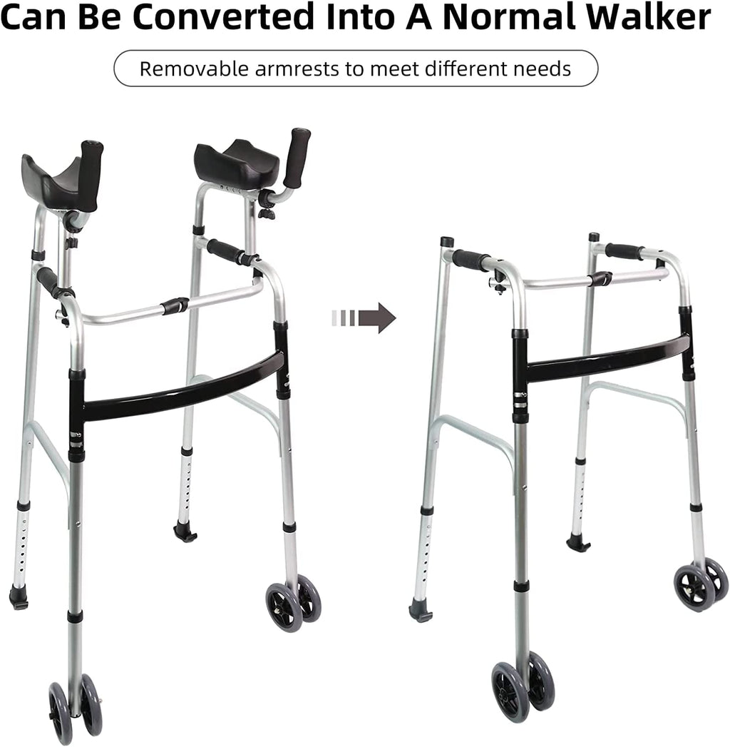 LIVINGCARING Foldable Standard Walker, Height Adjustable Aluminum Walkers for Seniors with Removable Armrest Pad, Lightweight Rehabilitation Auxiliary Rolling Walker, Walker Aid Supports UP to 235 lbs