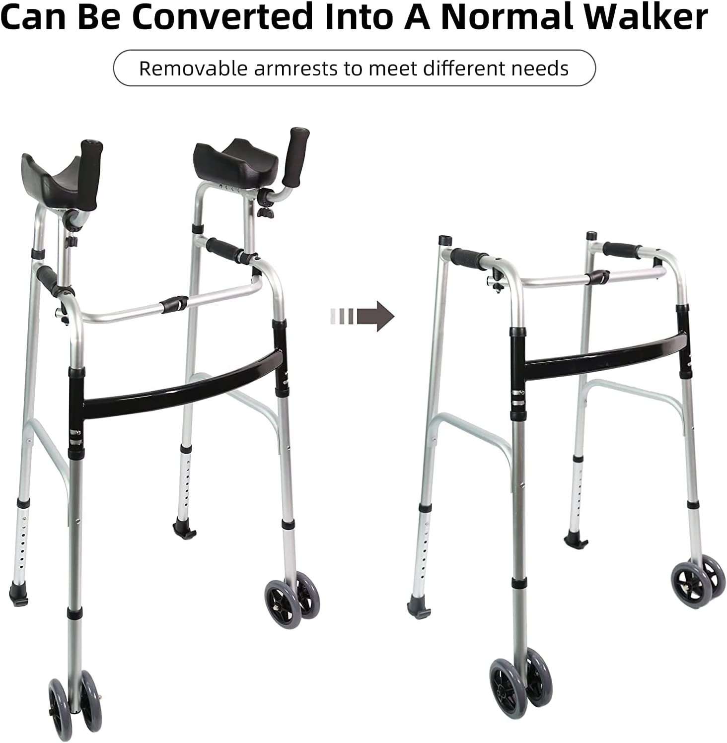 LIVINGCARING Foldable Standard Walker, Height Adjustable Aluminum Walkers for Seniors with Removable Armrest Pad, Lightweight Rehabilitation Auxiliary Rolling Walker, Walker Aid Supports UP to 235 lbs
