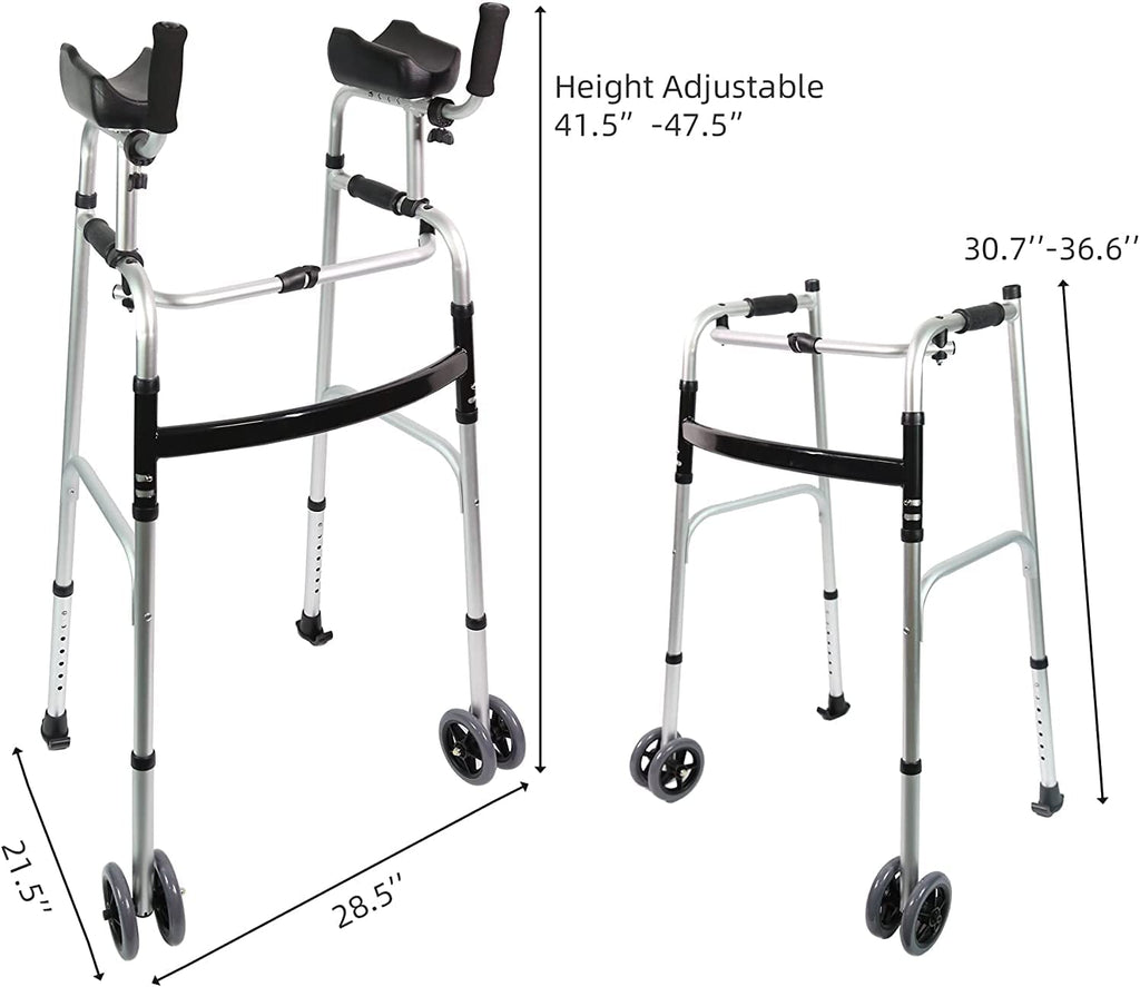 LIVINGCARING Foldable Standard Walker, Height Adjustable Aluminum Walkers for Seniors with Removable Armrest Pad, Lightweight Rehabilitation Auxiliary Rolling Walker, Walker Aid Supports UP to 235 lbs