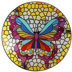 Outdoor Mosaic Side Table Butterfly End Table Small Patio Round Printed Glass Table for Yard,Lawn and Garden Decor