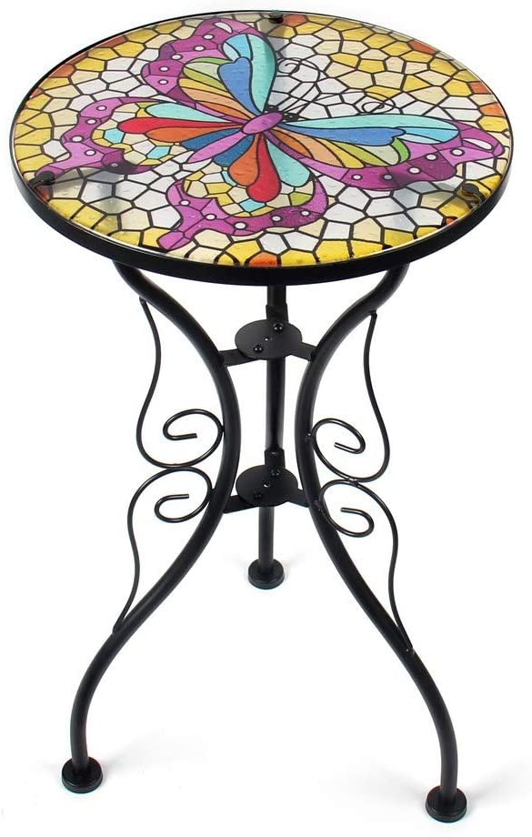 Outdoor Mosaic Side Table Butterfly End Table Small Patio Round Printed Glass Table for Yard,Lawn and Garden Decor