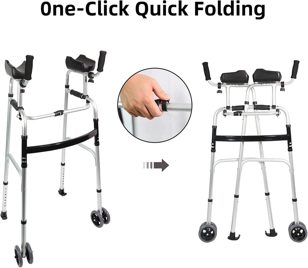 LIVINGCARING Foldable Standard Walker, Height Adjustable Aluminum Walkers for Seniors with Removable Armrest Pad, Lightweight Rehabilitation Auxiliary Rolling Walker, Walker Aid Supports UP to 235 lbs