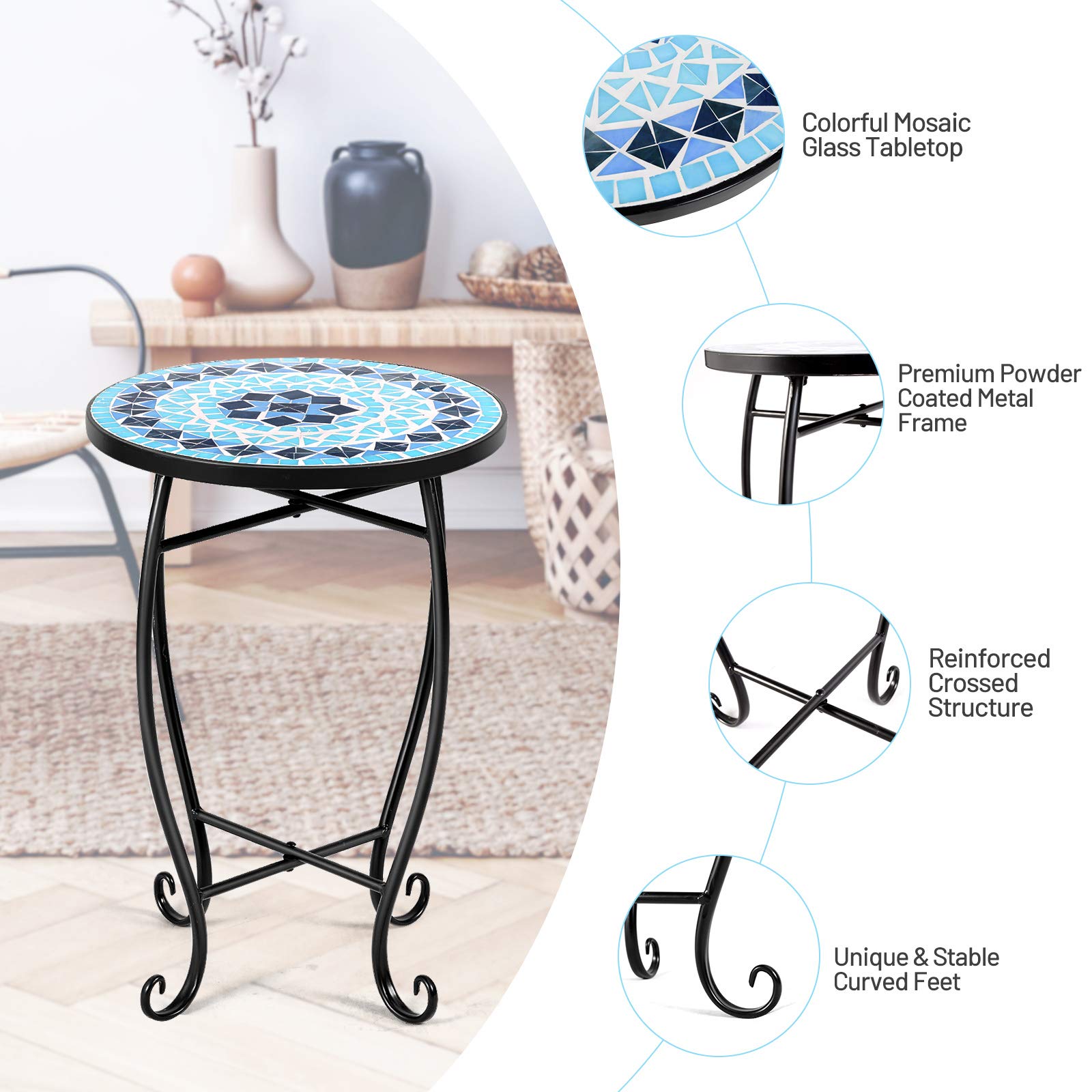 Outdoor Side Table, Mosaic Patio Table, Ceramic Tile Top Metal Frame, Small End Table Porch Beach Patio Garden Balcony Poolside