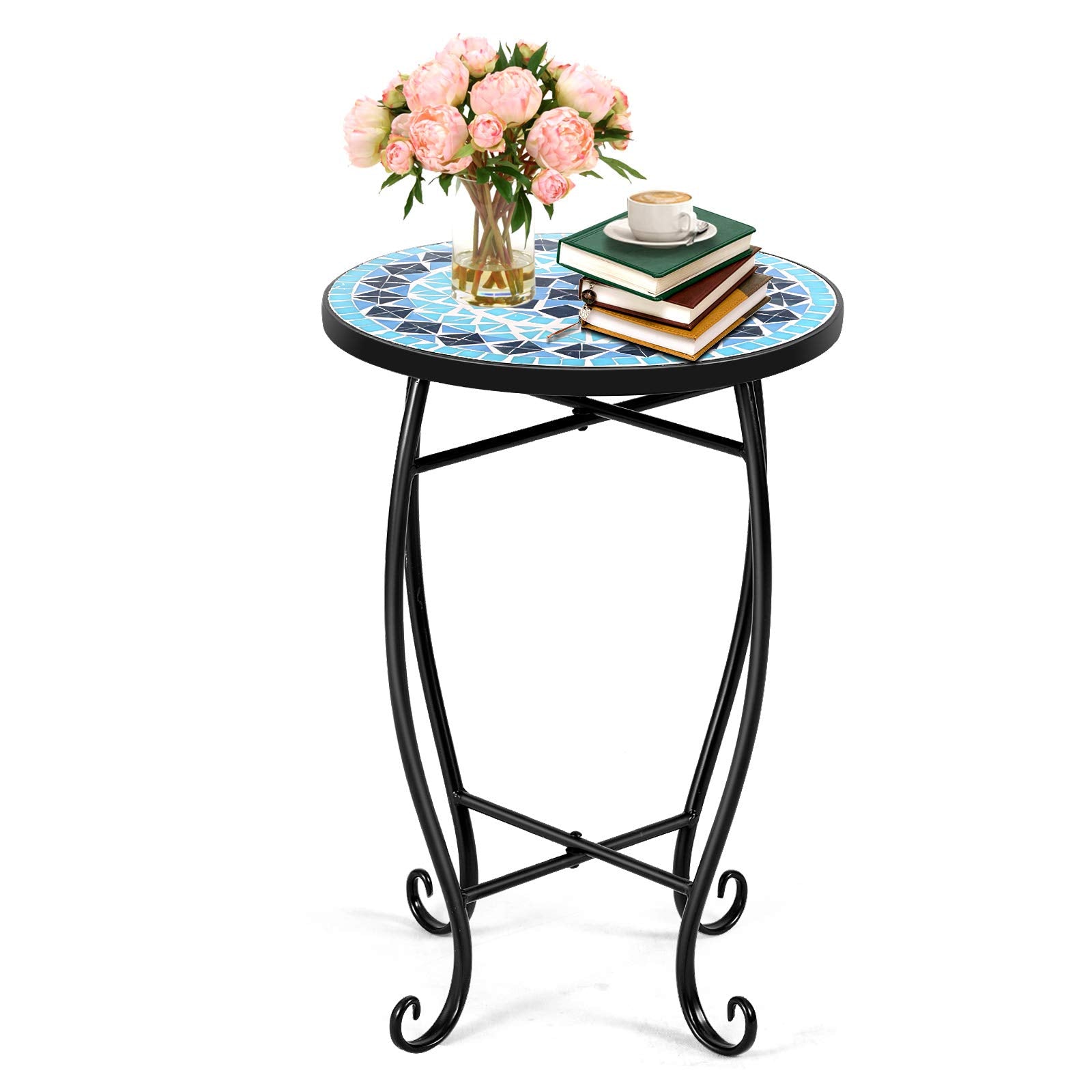 Outdoor Side Table, Mosaic Patio Table, Ceramic Tile Top Metal Frame, Small End Table Porch Beach Patio Garden Balcony Poolside