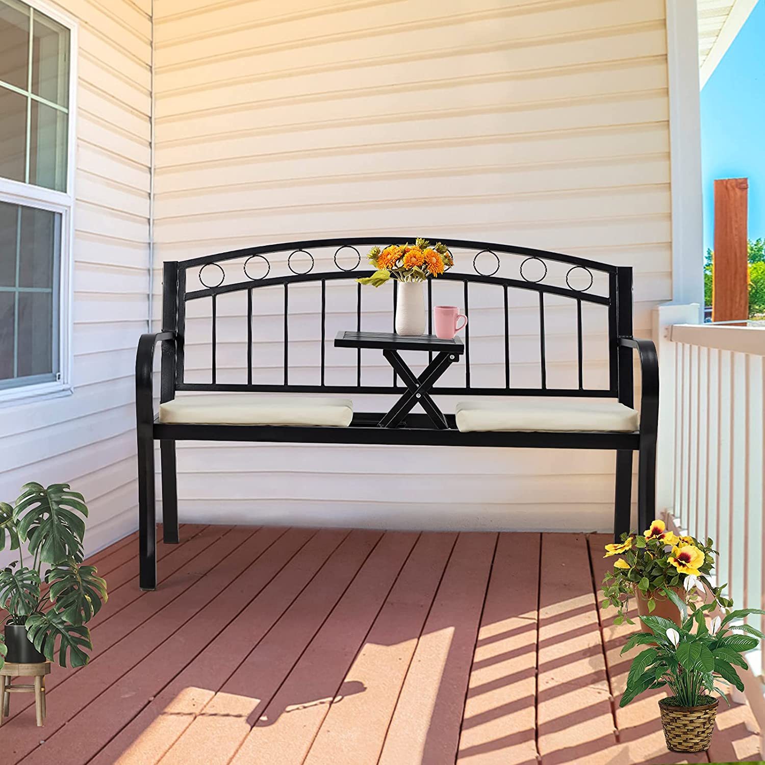 Outdoor Steel Garden Bench, Patio Bench w/Pullout Middle Table, Steel Double Seat for Park Yard Lawn Deck Entryway