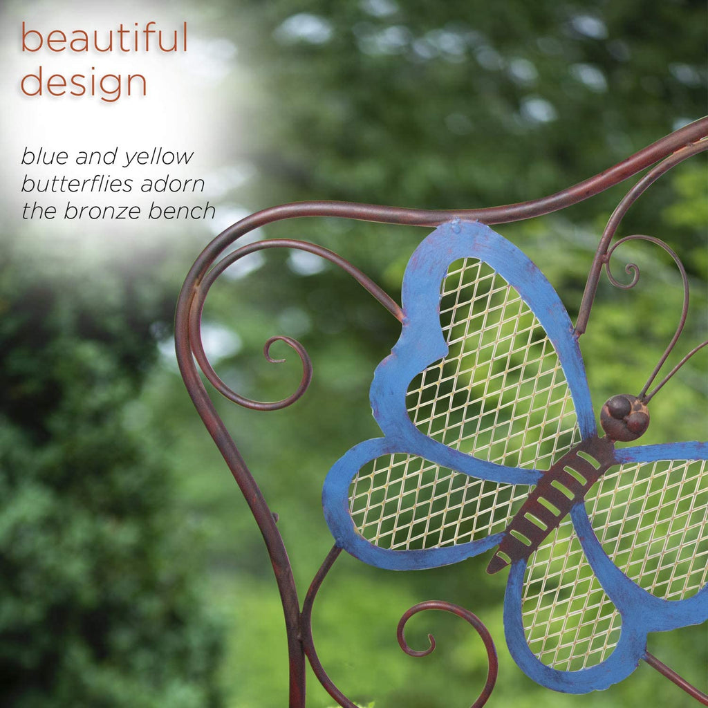 Butterfly Metal Two People Outdoor Bench, 45"L x 23"W x 39"H, Blue,bronze