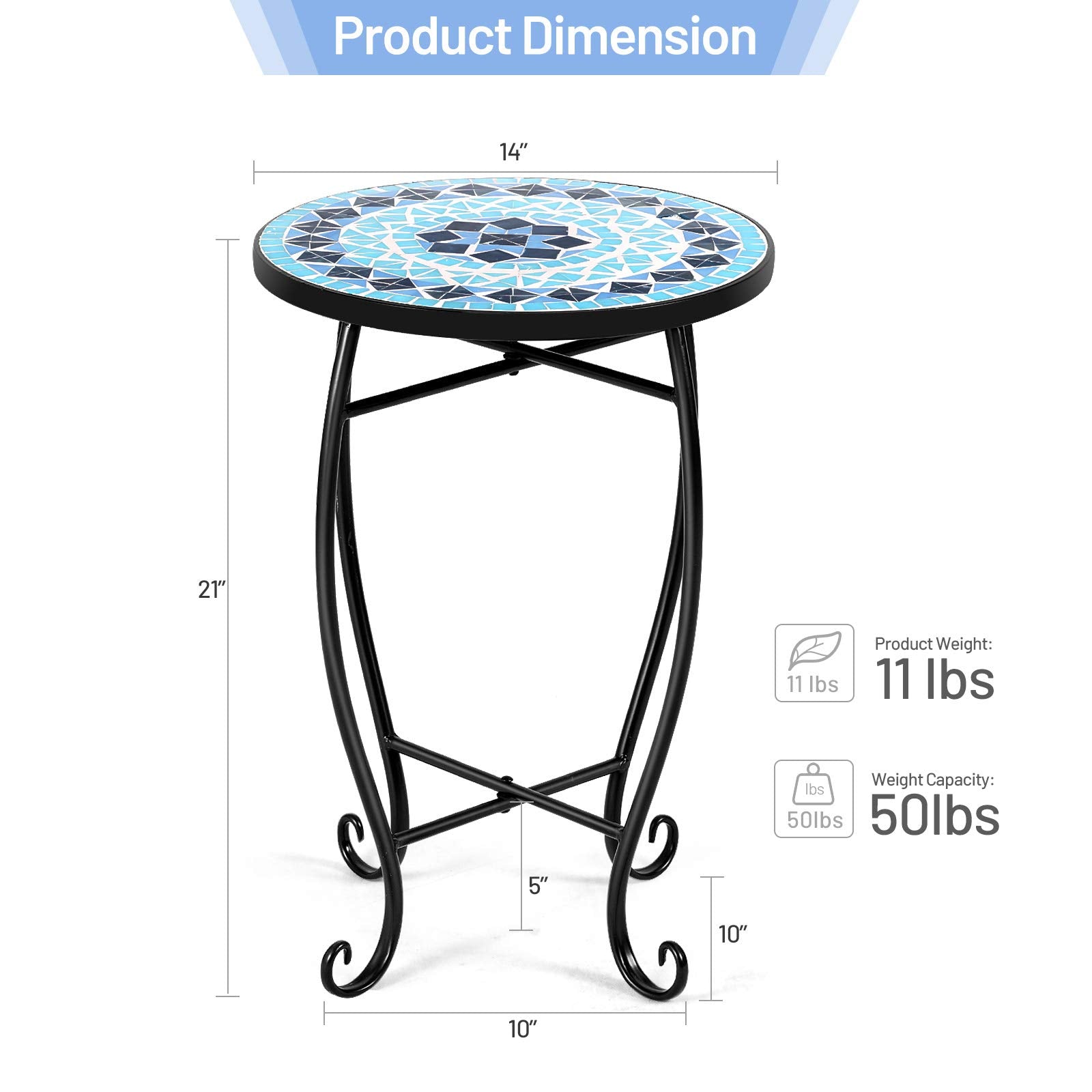 Outdoor Side Table, Mosaic Patio Table, Ceramic Tile Top Metal Frame, Small End Table Porch Beach Patio Garden Balcony Poolside