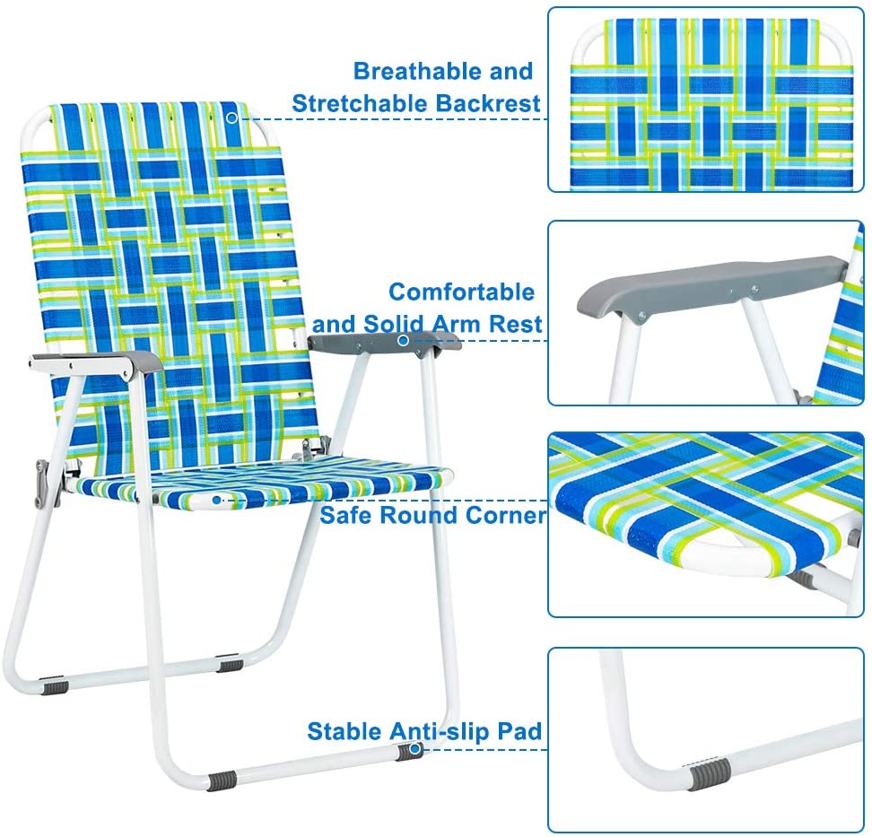 Patio Lawn Chairs Folding Set of 2, Webbed Folding Chair Outdoor Beach Chair Portable Camping Chair for Yard, Garden (Blue)