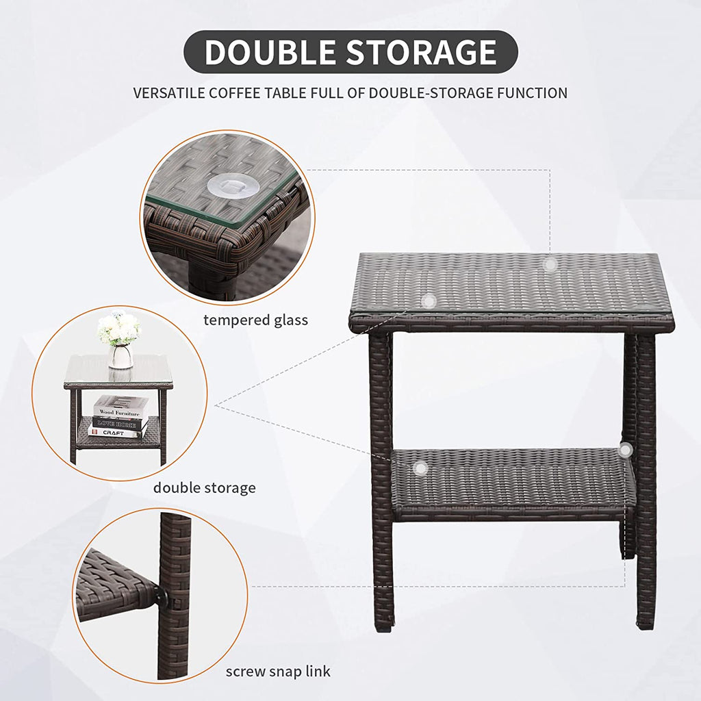 Outdoor PE Wicker Rocking Chair 3-Piece Patio Rattan Bistro Set 2 Rocker Armchair and Glass Coffee Side Table Furniture, Washable Lacing Cushion (Turquoise)