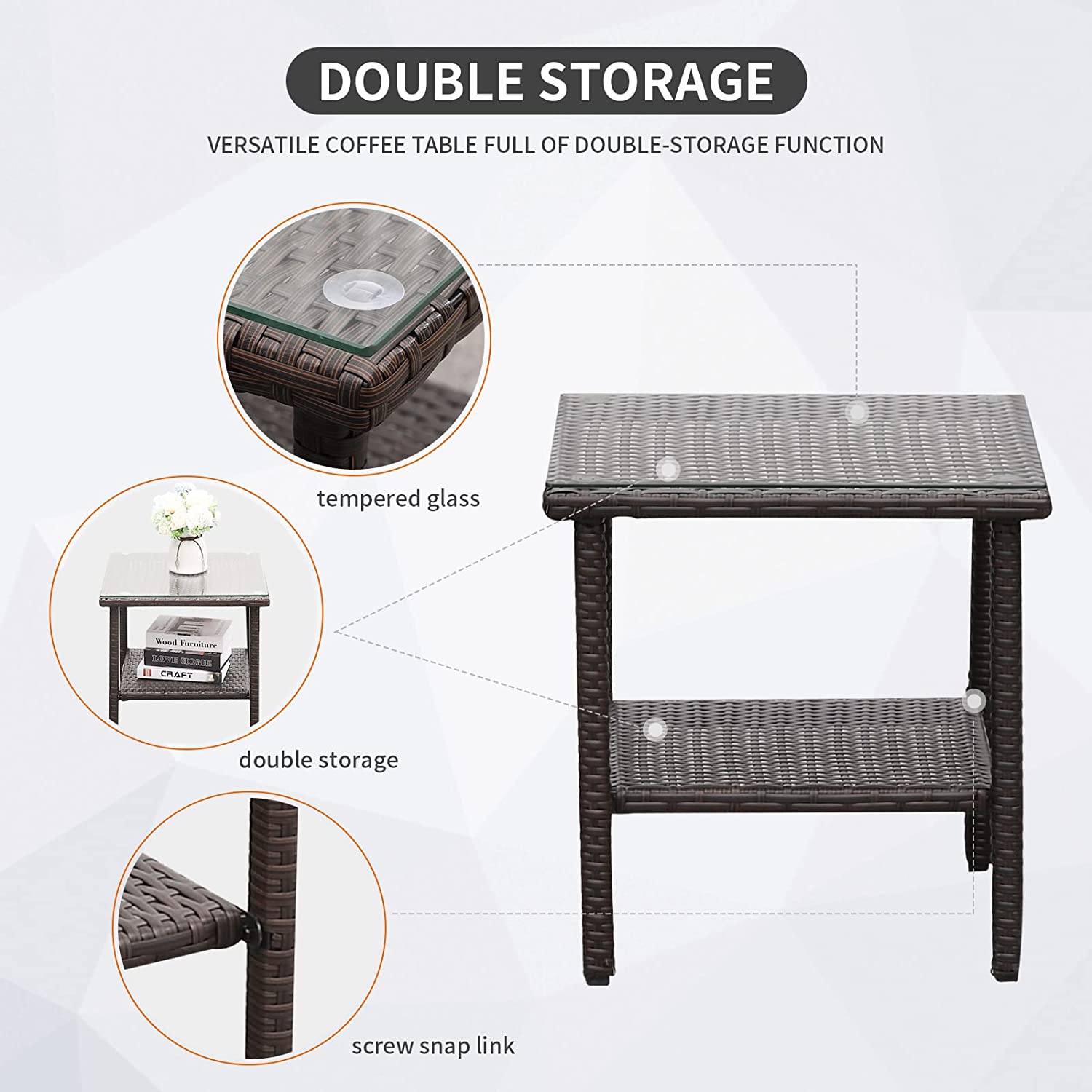 Outdoor PE Wicker Rocking Chair 3-Piece Patio Rattan Bistro Set 2 Rocker Armchair and Glass Coffee Side Table Furniture, Washable Lacing Cushion (Turquoise)