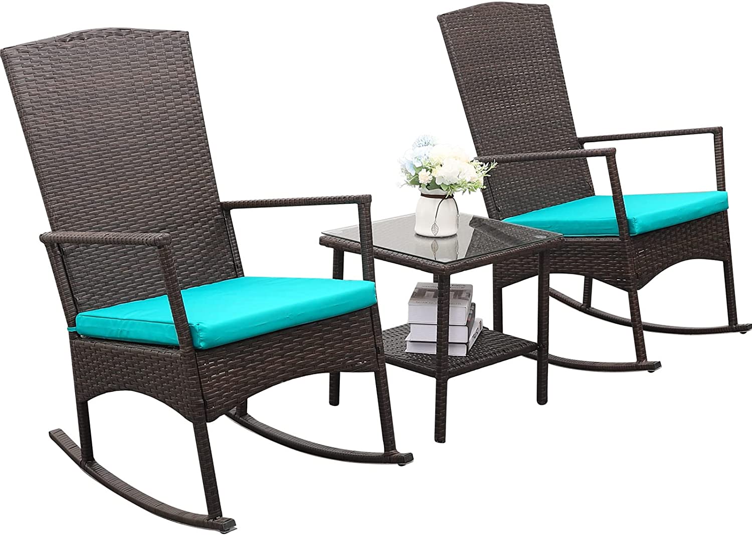 Outdoor PE Wicker Rocking Chair 3-Piece Patio Rattan Bistro Set 2 Rocker Armchair and Glass Coffee Side Table Furniture, Washable Lacing Cushion (Turquoise)