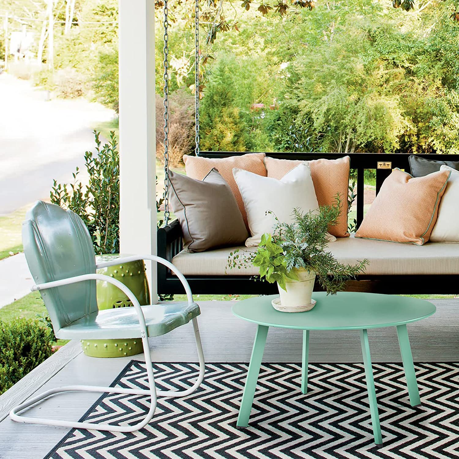 Round Steel Patio Coffee Table, Weather Resistant Outdoor Large Side Table, Mint Green