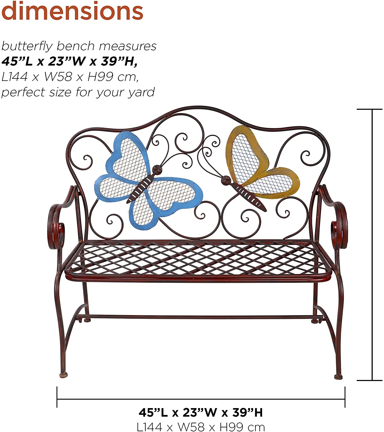 Butterfly Metal Two People Outdoor Bench, 45"L x 23"W x 39"H, Blue,bronze