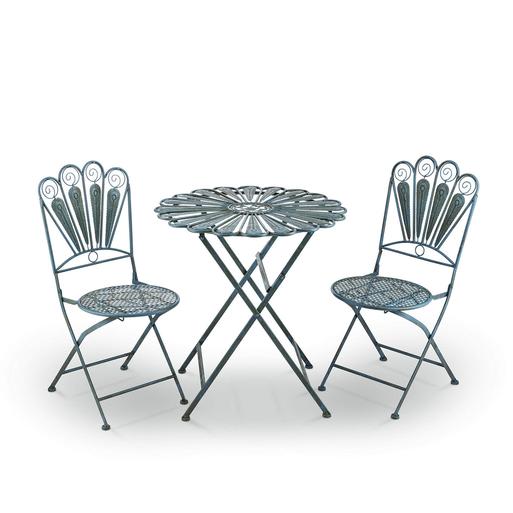Corporation Indoor/Outdoor 3-Piece Peacock Feather Rustic Metal Bistro Set Patio Seating, Light Blue