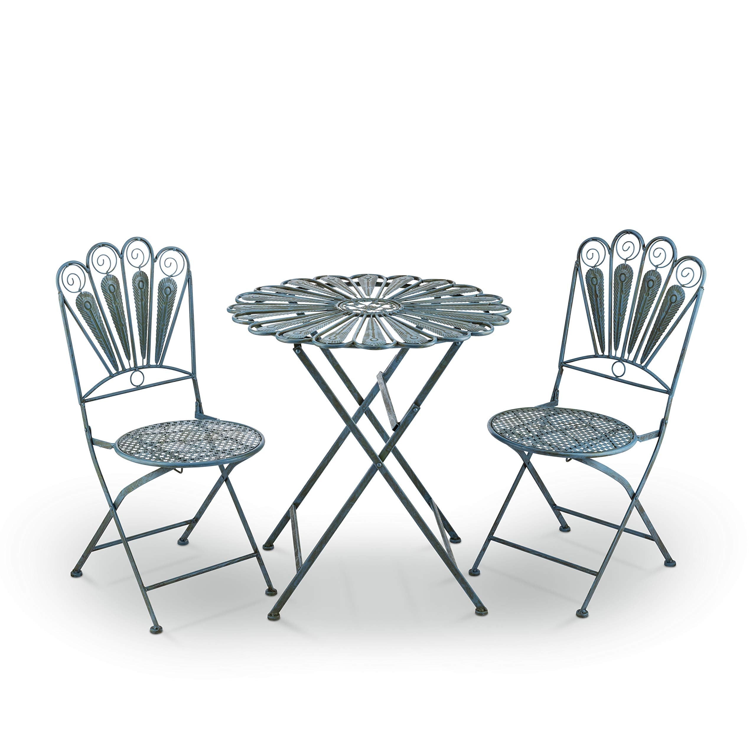 Corporation Indoor/Outdoor 3-Piece Peacock Feather Rustic Metal Bistro Set Patio Seating, Light Blue