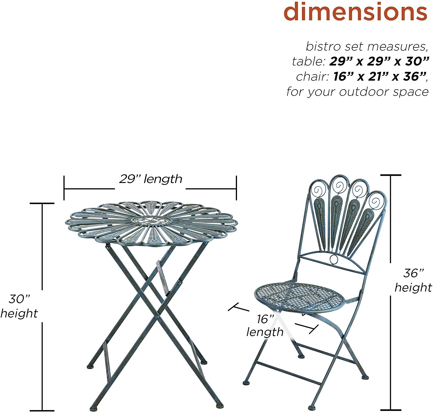 Corporation Indoor/Outdoor 3-Piece Peacock Feather Rustic Metal Bistro Set Patio Seating, Light Blue