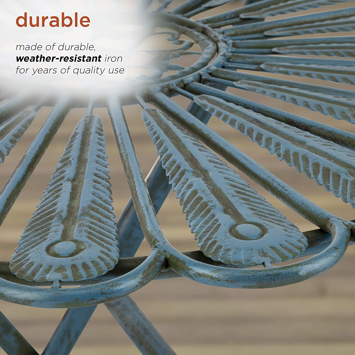 Corporation Indoor/Outdoor 3-Piece Peacock Feather Rustic Metal Bistro Set Patio Seating, Light Blue