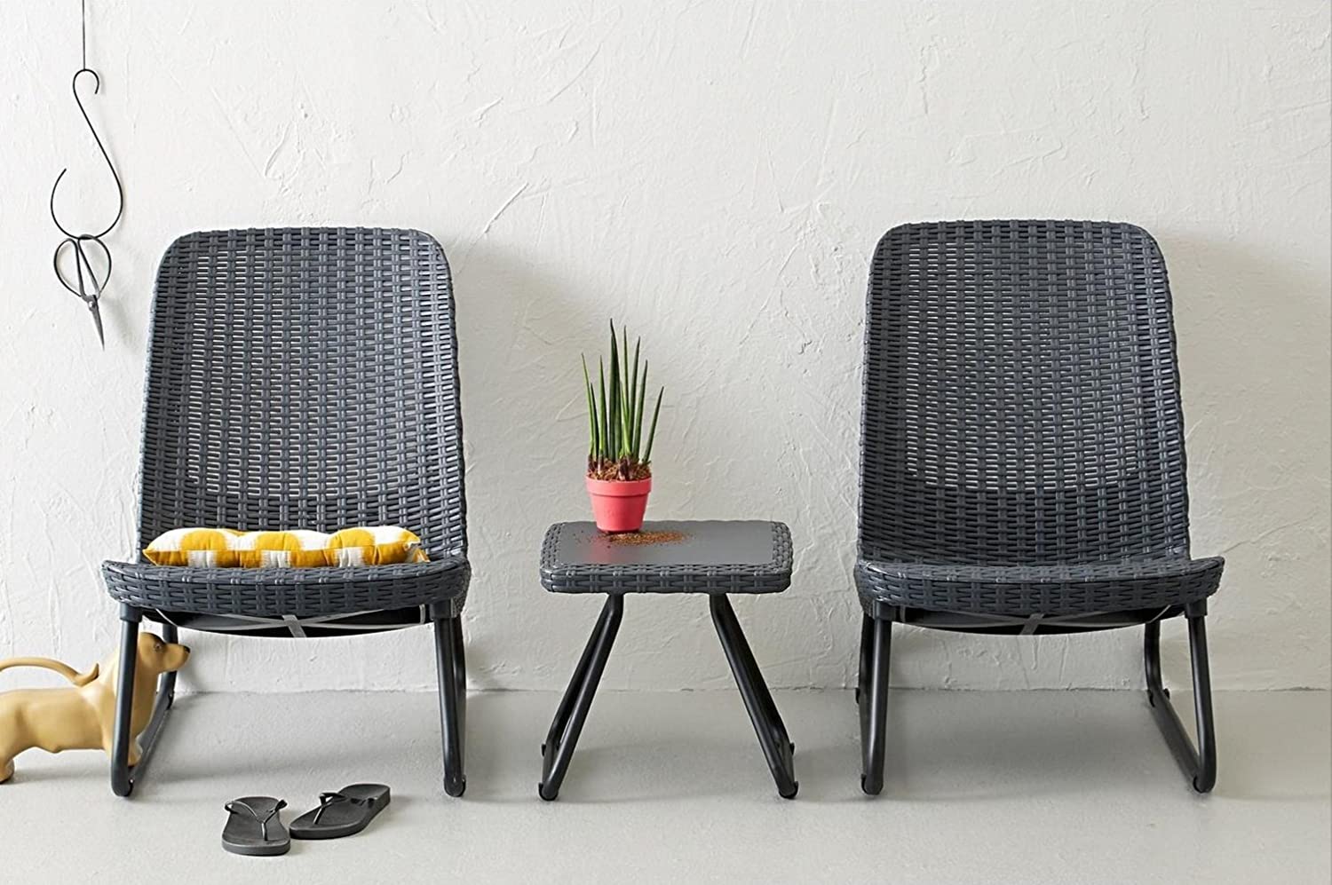 3 Pcs Resin Wicker Patio Furniture Set with Side Table and Outdoor Chairs, Dark Grey