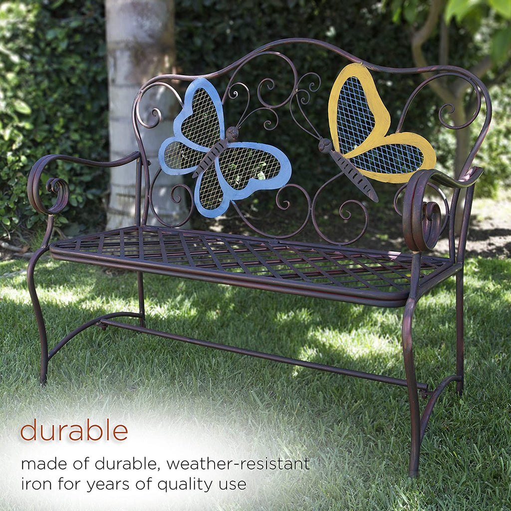 Butterfly Metal Two People Outdoor Bench, 45"L x 23"W x 39"H, Blue,bronze