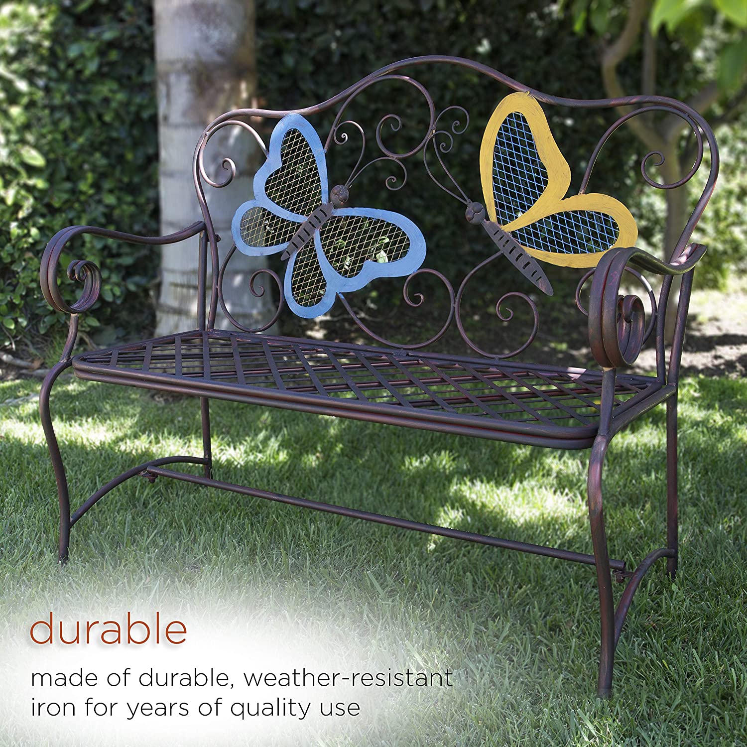 Butterfly Metal Two People Outdoor Bench, 45"L x 23"W x 39"H, Blue,bronze