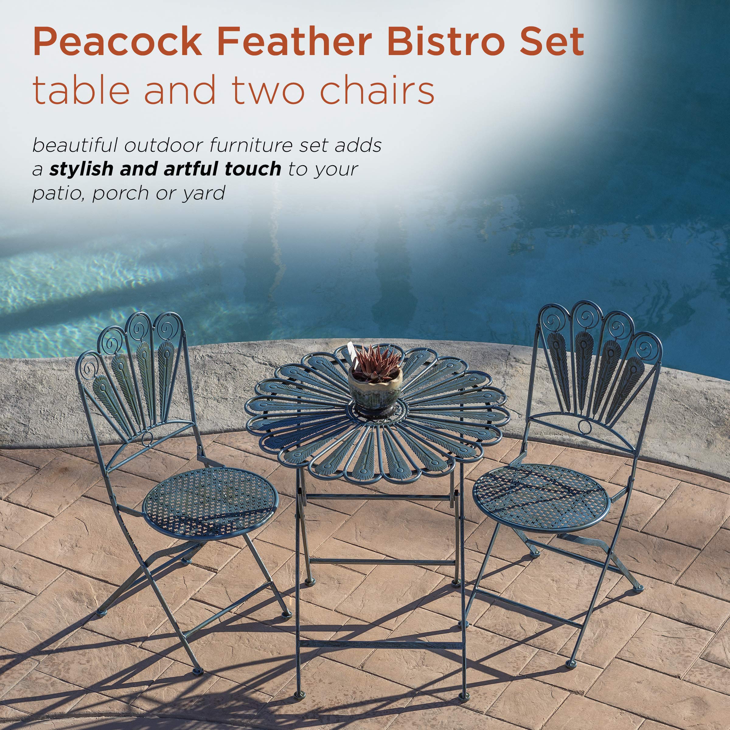Corporation Indoor/Outdoor 3-Piece Peacock Feather Rustic Metal Bistro Set Patio Seating, Light Blue