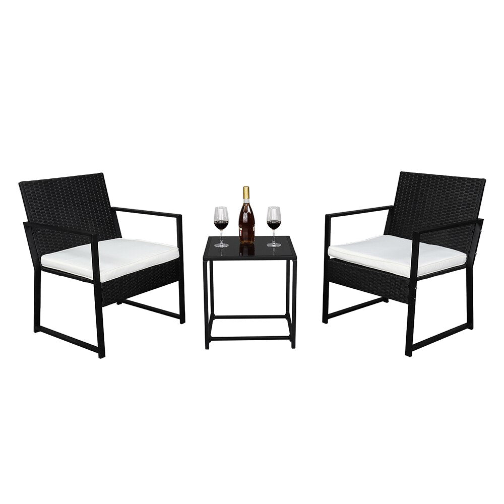 3 Piece Patio Furniture Set Wicker Rattan Outdoor Patio Conversation Set 2 Cushioned Chairs & End Table