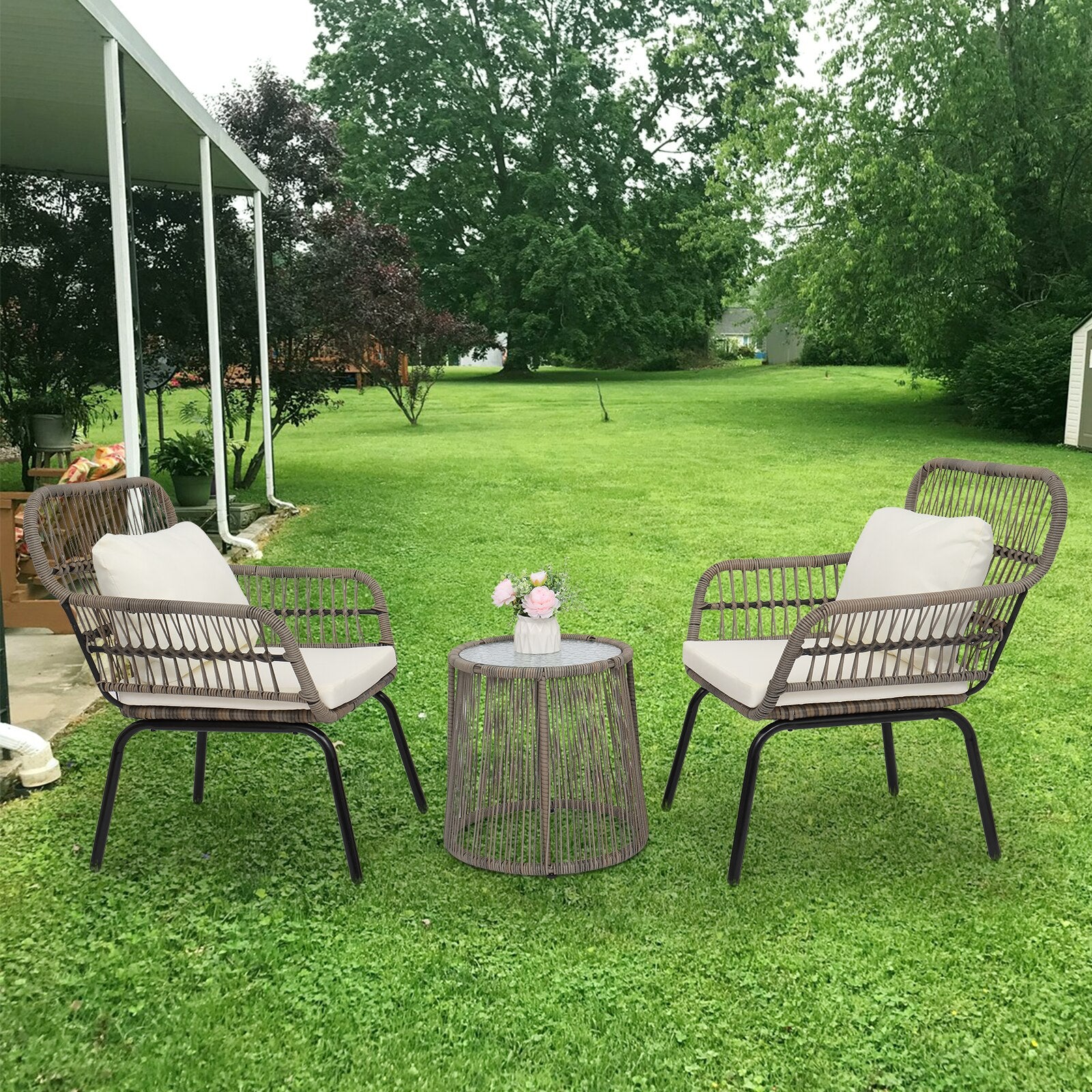3-Piece Patio Wicker Conversation Bistro Set, Outdoor All-Weather Wicker Furniture