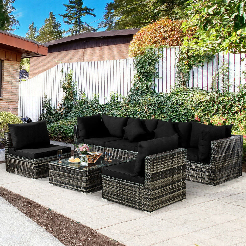7PCS Patio Rattan Furniture Set Sectional Sofa Garden Black Cushion  HW68058BK+