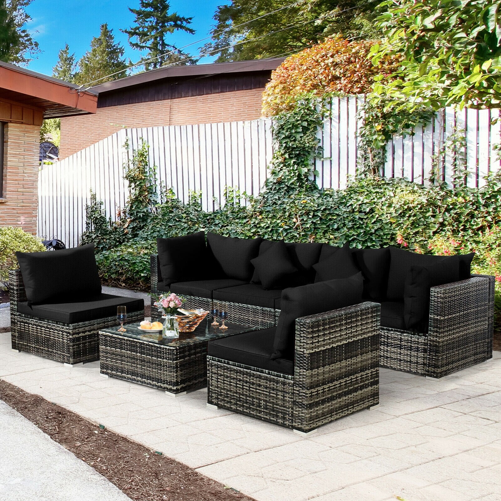 7PCS Patio Rattan Furniture Set Sectional Sofa Garden Black Cushion  HW68058BK+