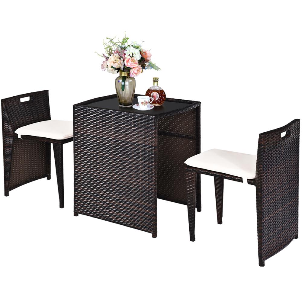 3PCS Outdoor Patio Rattan Furniture Set Space Saving Garden Deck W/Cushion HW64307