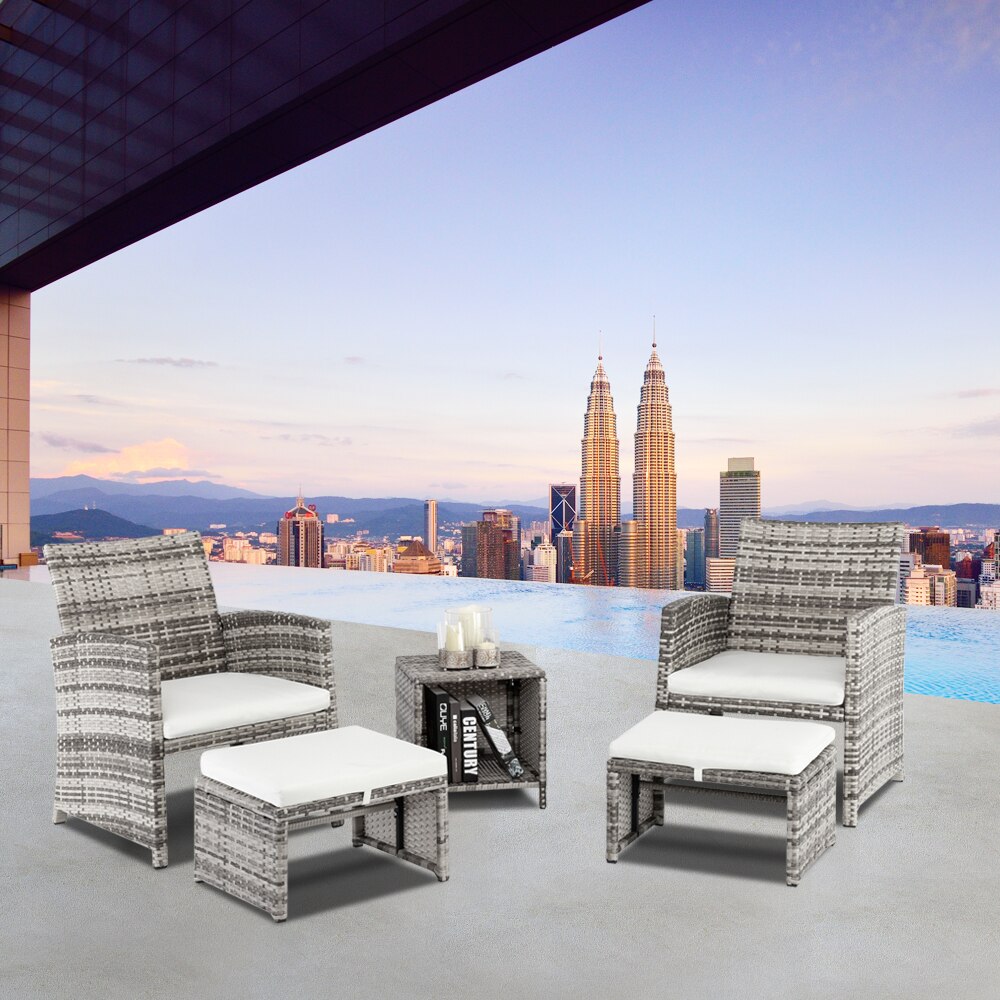 5Pcs Patio Furniture Set Include 2 Chairs 2 Footstools 1 Coffee Table High Quality PE Rattan&Iron Frame Gray Gradient[US-Stock]