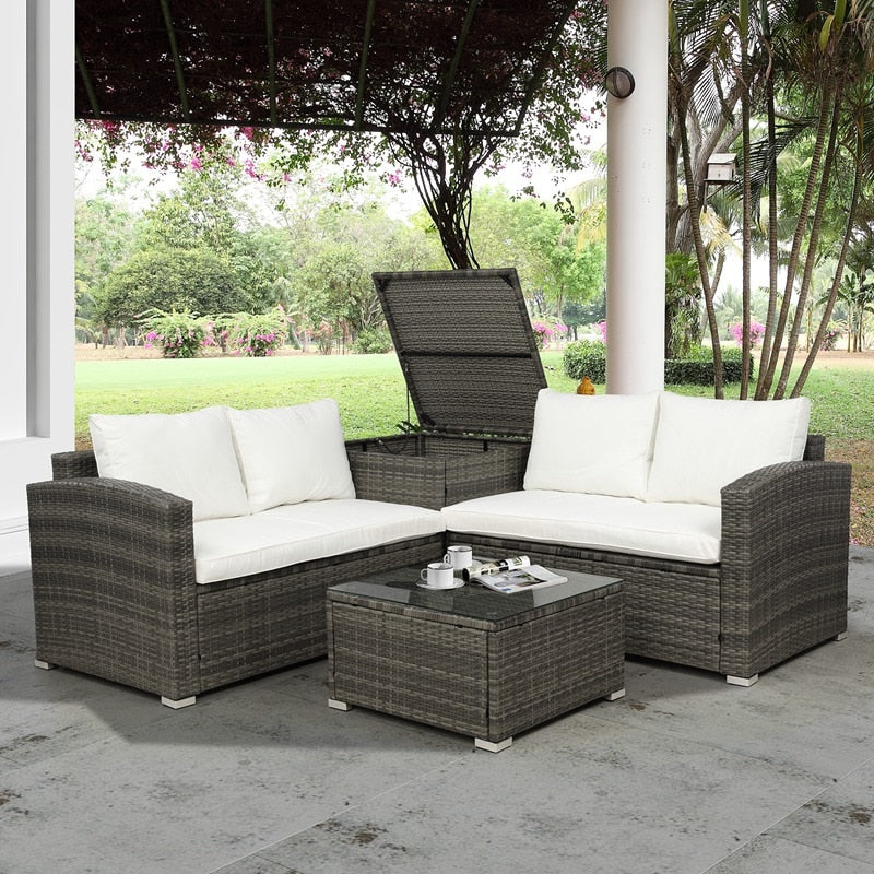 4 PCS Outdoor Cushioned PE Rattan Wicker Sectional Sofa Set Garden Patio Furniture Set With Storage Space
