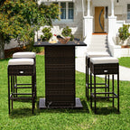 5PCS Patio Rattan Bar Table Stool Set Hidden Storage Shelf Cushioned  HW68244+