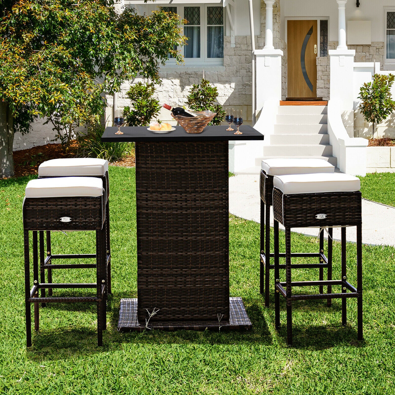 5PCS Patio Rattan Bar Table Stool Set Hidden Storage Shelf Cushioned  HW68244+