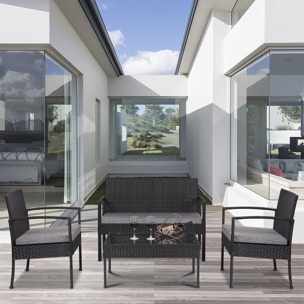 Outdoor Sofa Set Oshion 4 PCS Outdoor Patio Rattan Wicker Furniture Set with Table Sofa Cushioned Black